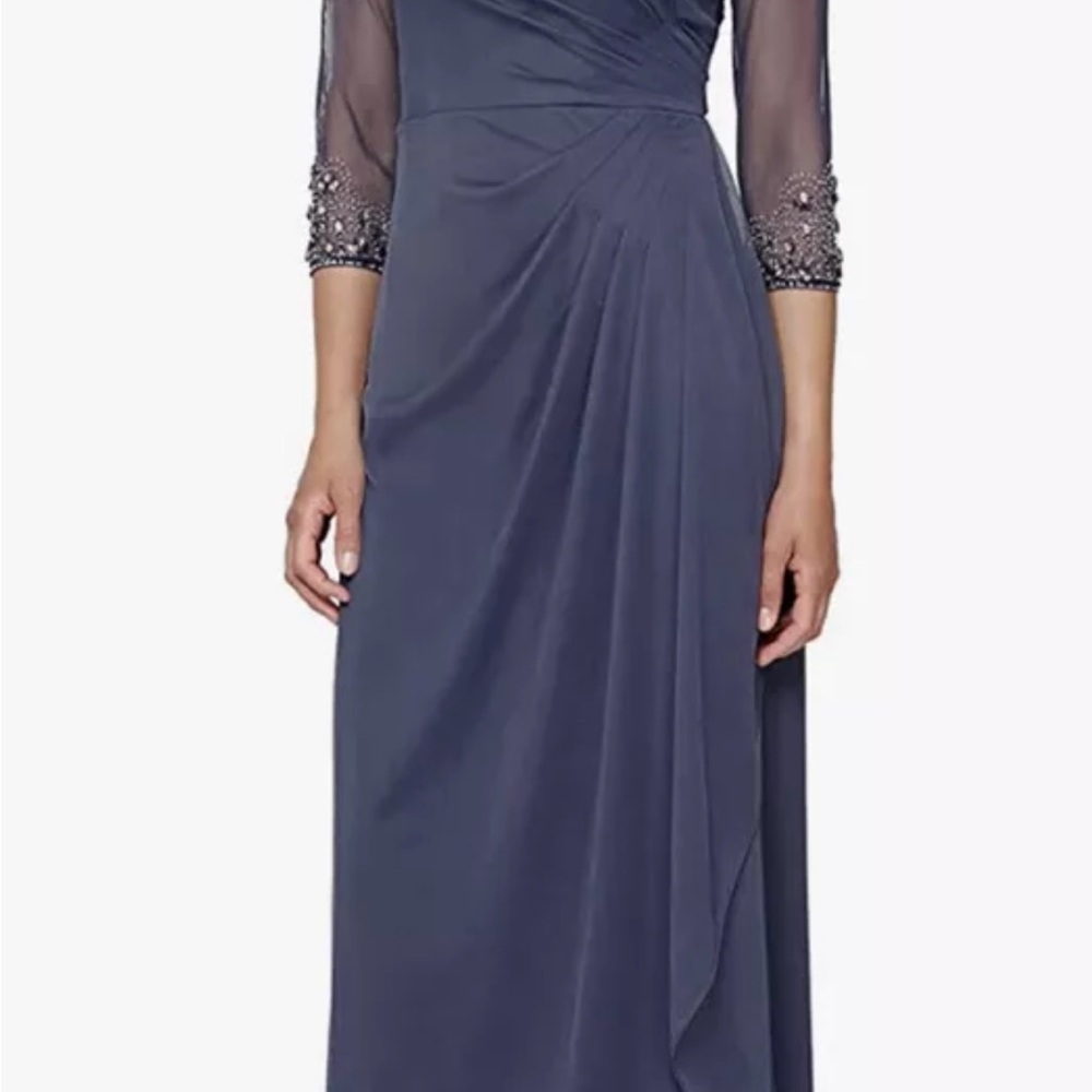 Alex Evenings Long Sleeve Beaded Navy Dress